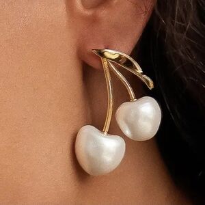 Elegant Gold and Pearl Cherry Earrings